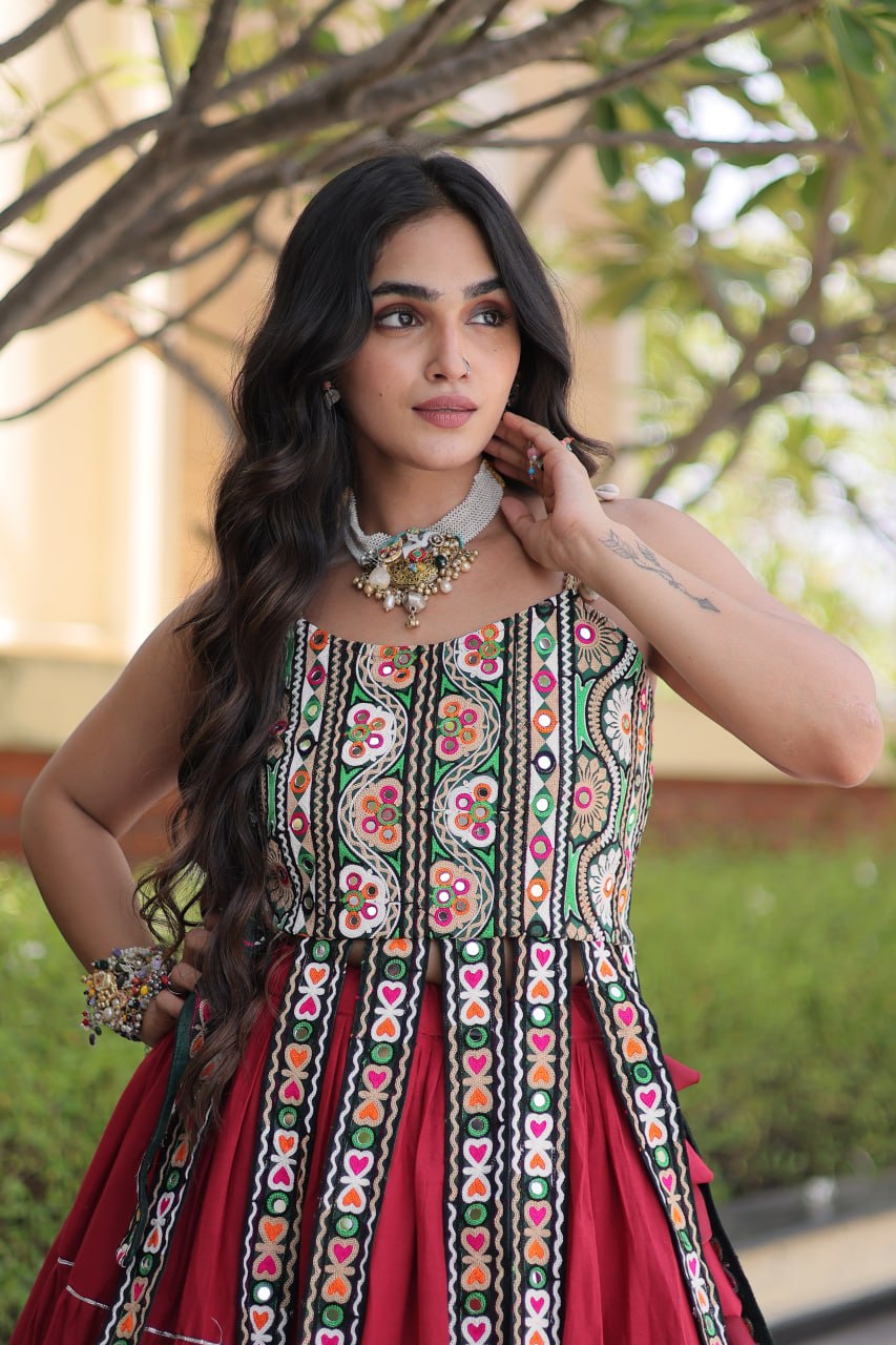 Maroon Red Premium Kora Cotton Embroidered Top with Frill Tiered Navratri Lehenga Choli Set