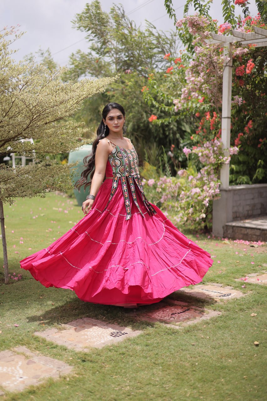 Rani Pink Premium Kora Cotton Embroidered Top with Frill Tiered Navratri Lehenga Choli Set