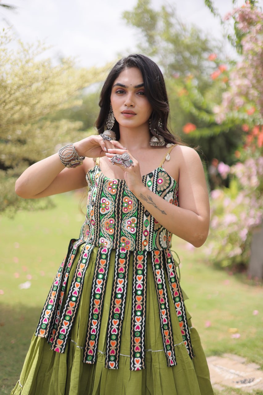 Olive Green Premium Kora Cotton Embroidered Top with Frill Tiered Navratri Lehenga Choli Set