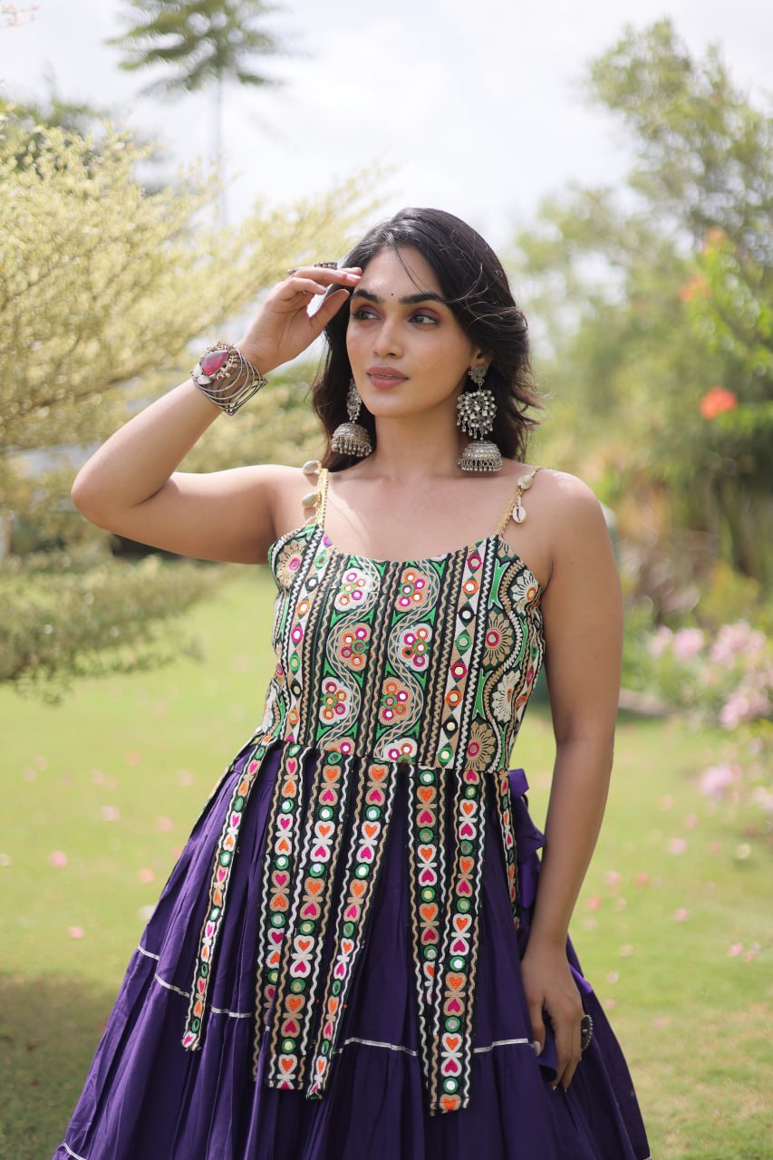 Royal Purple Premium Kora Cotton Embroidered Top with Frill Tiered Navratri Lehenga Choli Set