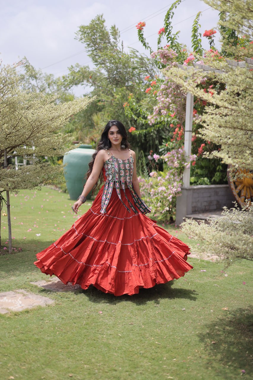 Rust Red Premium Kora Cotton Embroidered Top with Frill Tiered Navratri Lehenga Choli Set