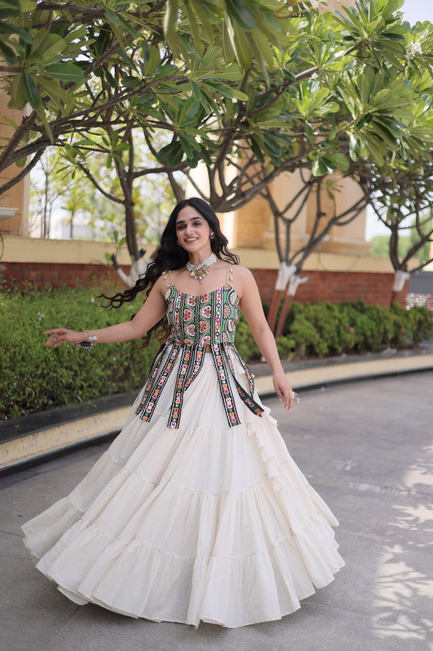 Off-White Premium Kora Cotton Embroidered Top with Frill Tiered Navratri Lehenga Choli Set