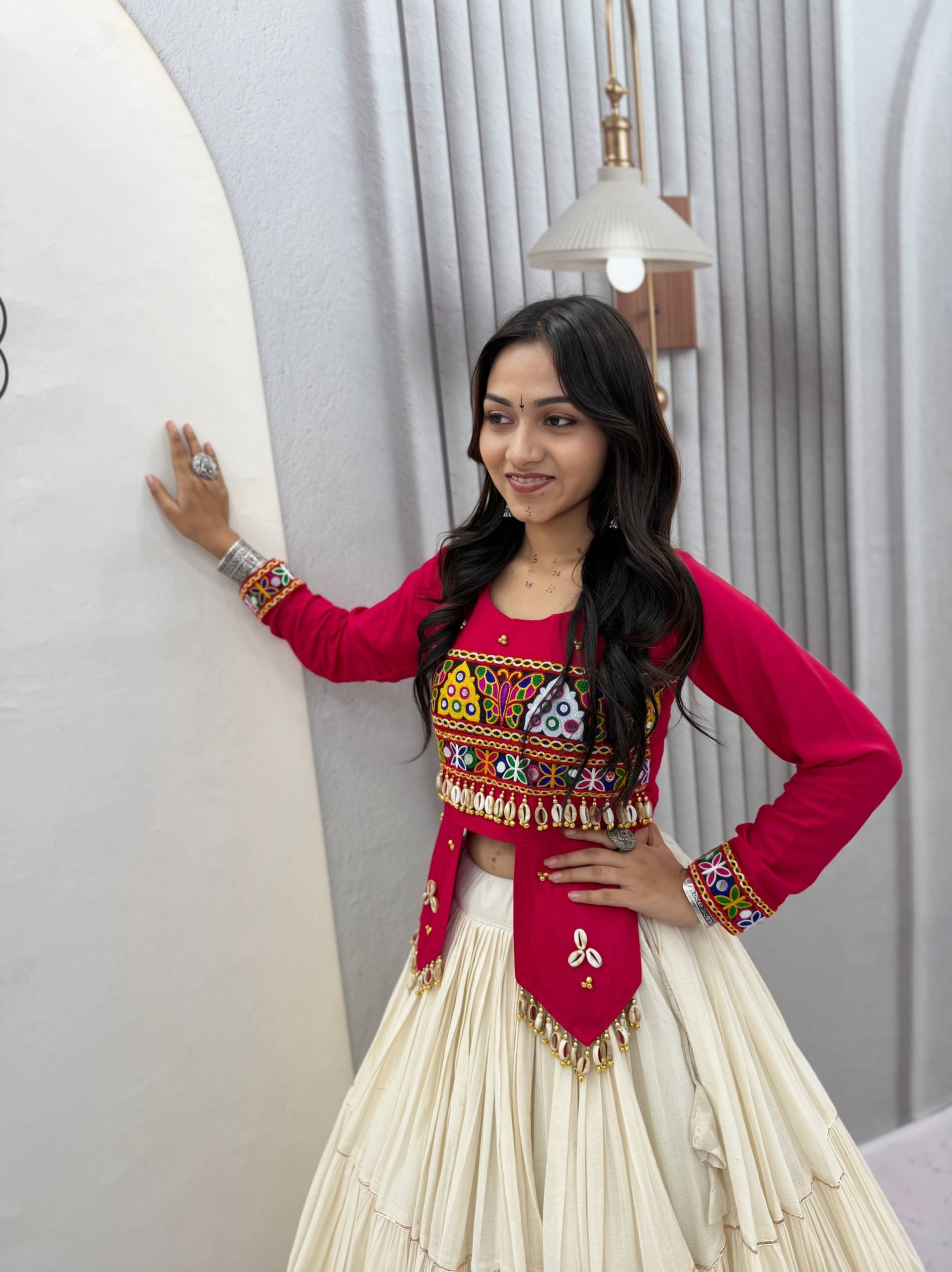 Navratri Off-White Multi-Tiered Flared Lehenga with Rani Pink Kediya Jacket Blouse, Real Kodi & Kutchi Gamthi Hand Work
