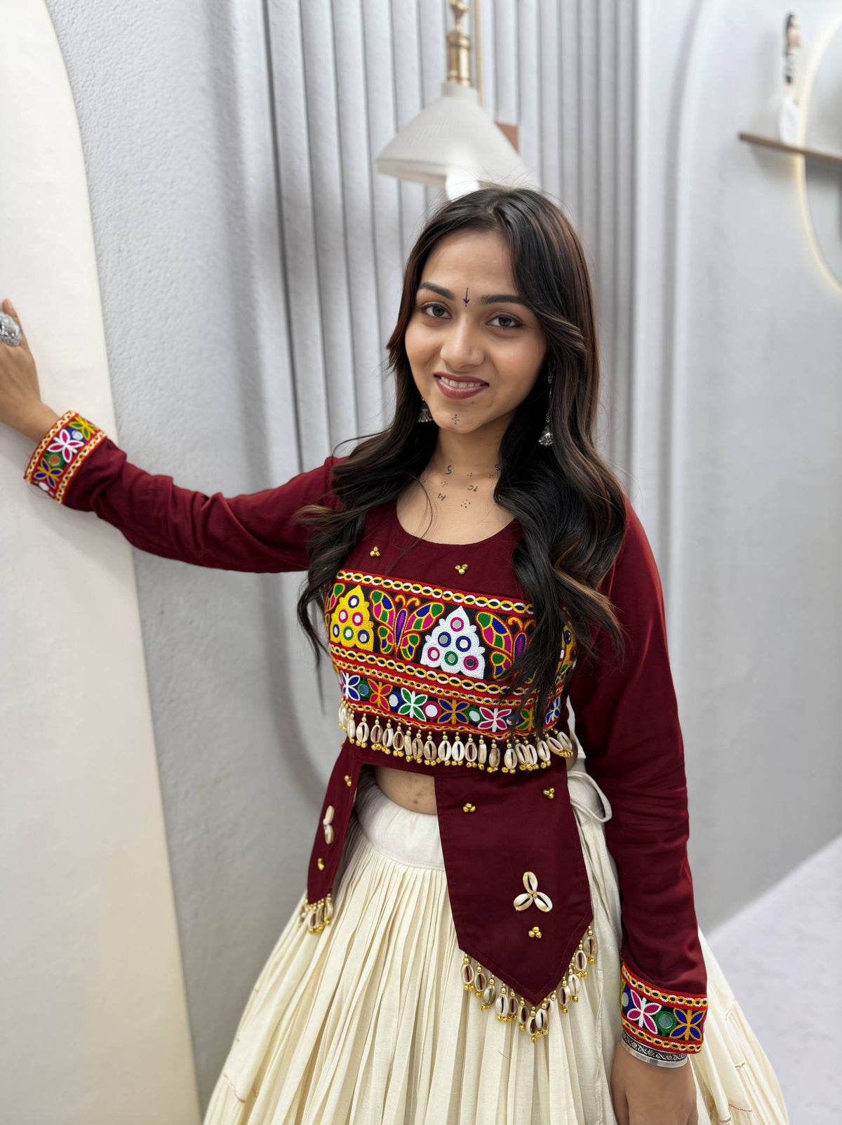 Maroon Embroidered Jacket Choli & Off-White Pure Cotton Navratri Lehenga Set With Real Kodi Work