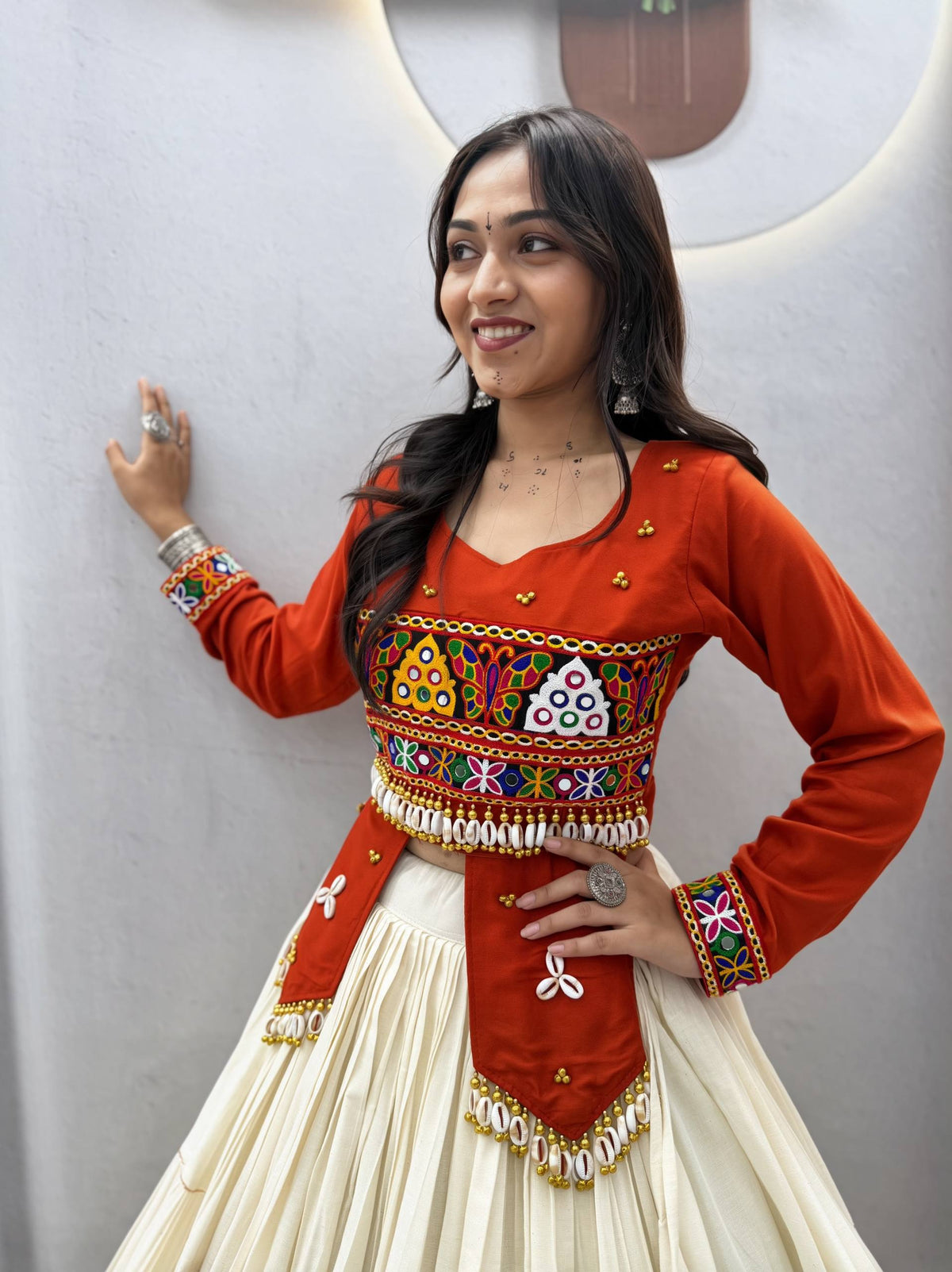 Rust Red Embroidered Jacket Choli & Off-White Pure Cotton Navratri Lehenga Set With Real Kodi Work