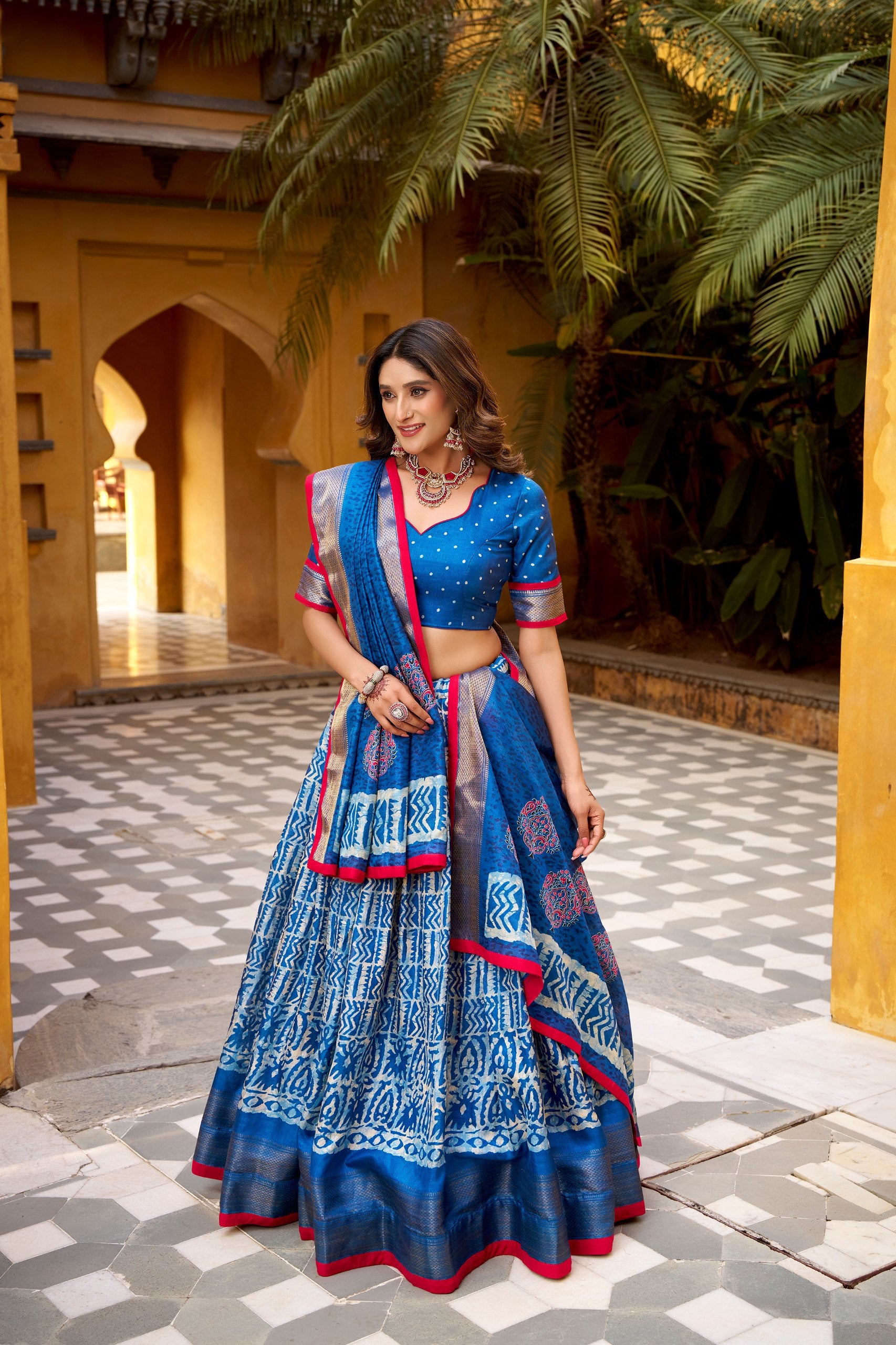 Cerulean Royal Blue Dola Silk Half Saree Lehenga Set with Traditional Batik Print, Rich Zari Weaving Border & Rani Pink Piping Accent