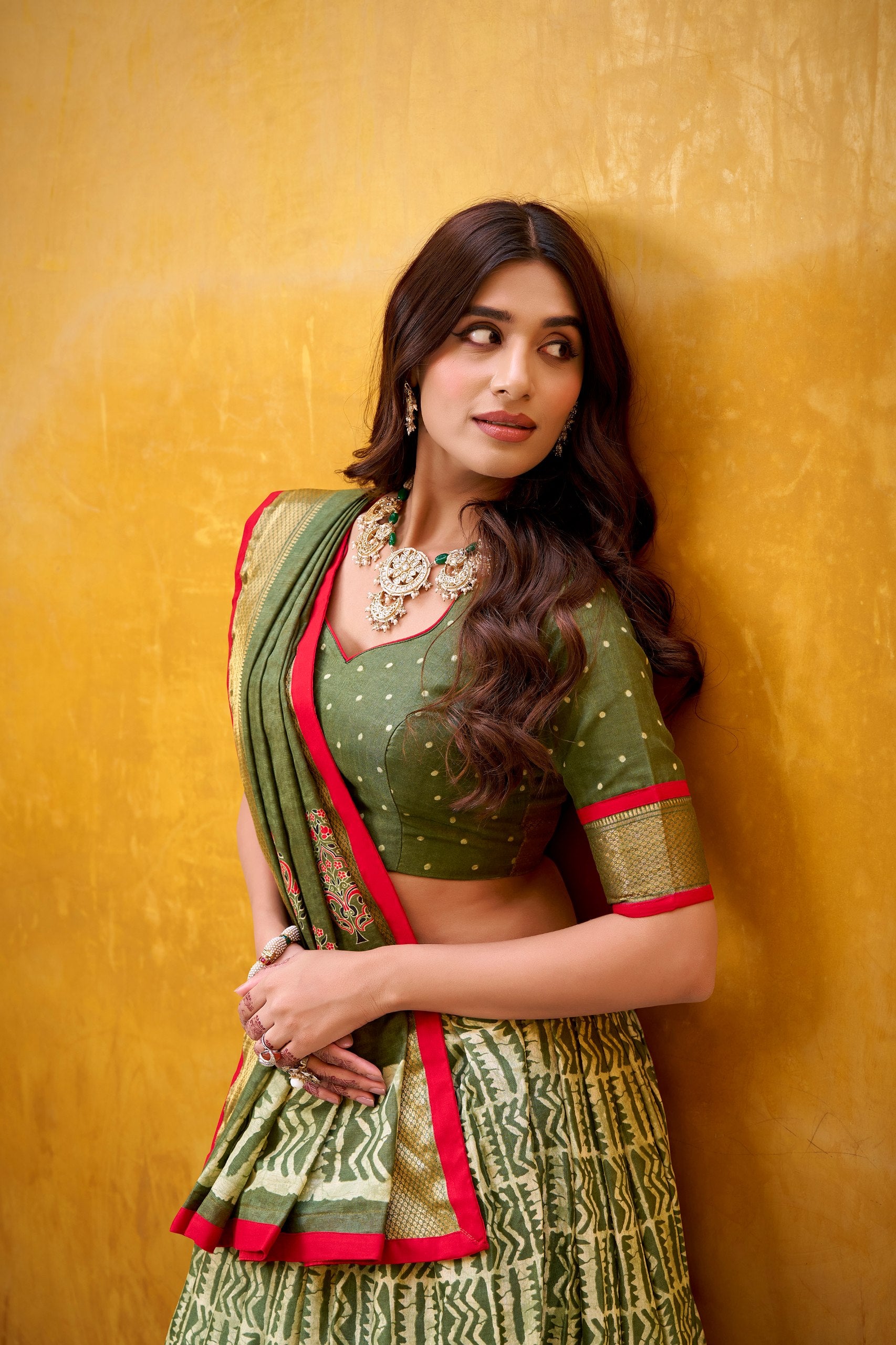 Olive Sage Green Dola Silk Half Saree Lehenga Set with Traditional Batik Print, Rich Zari Weaving Border & Sweetheart Neck Blouse