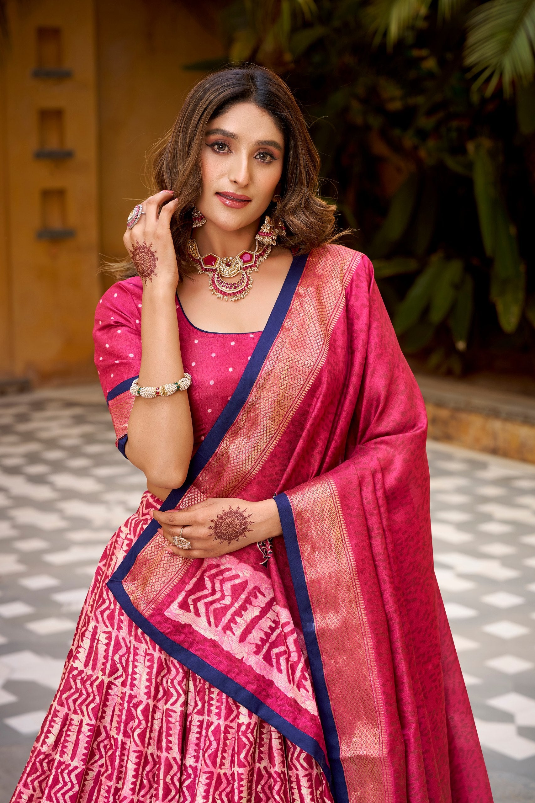 Magenta Wine Dola Silk Half Saree Lehenga Set with Traditional Batik Print, Rich Zari Weaving Border & Keyhole Back Blouse
