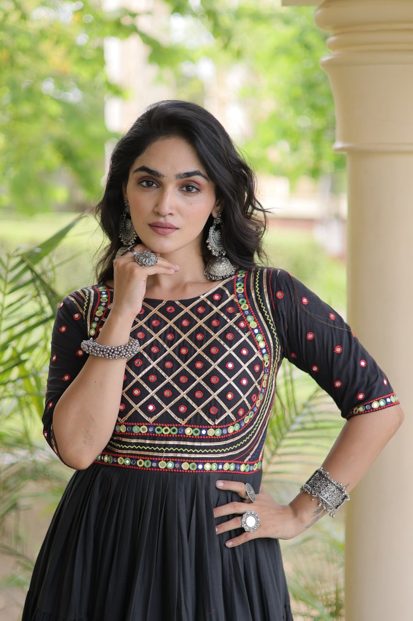 Navratri Jet Black Kora Cotton Tiered Flared Anarkali Gown with Multi-Thread Geometric Embroidery, Gota Patti & Mirror Work