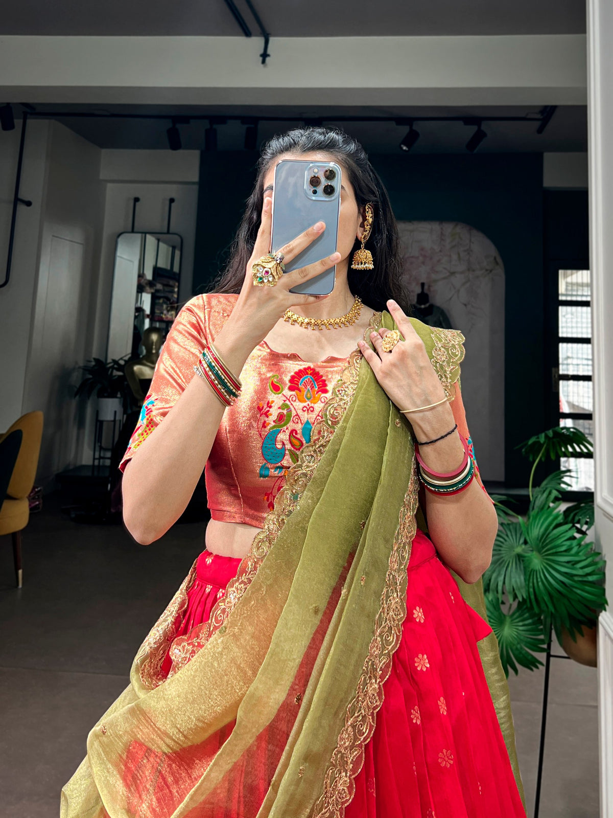 Crimson Red Jacquard Silk Paithani Flared Lehenga Choli Set with Traditional Mor-Popat Zari Weaving Border, Embroidered Blouse & Olive Green Scalloped Dupatta