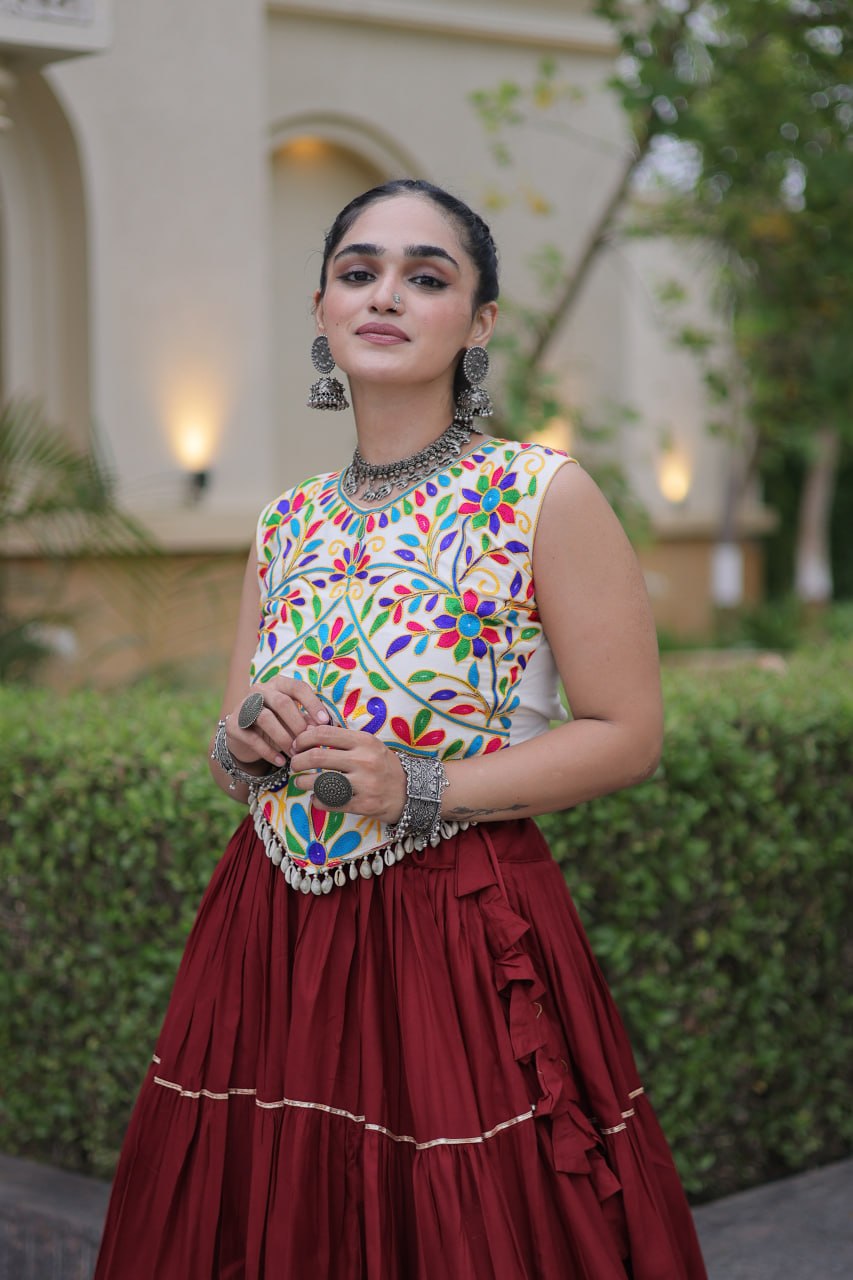 Maroon Red Heavy Rayon Multi-Embroidered Choli with Lampi Lace Frill Tiered Navratri Lehenga Choli Set