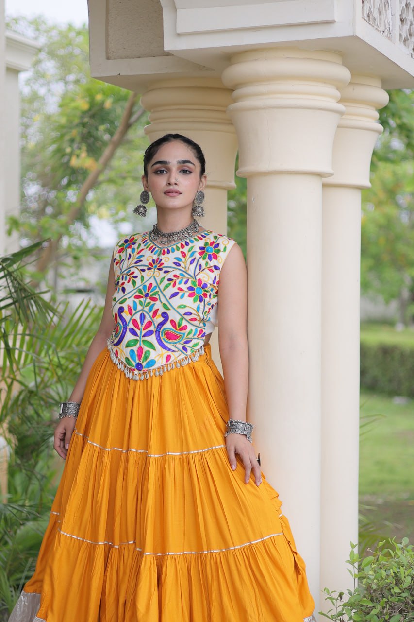 Mustard Yellow Heavy Rayon Multi-Embroidered Choli with Lampi Lace Frill Tiered Navratri Lehenga Choli Set
