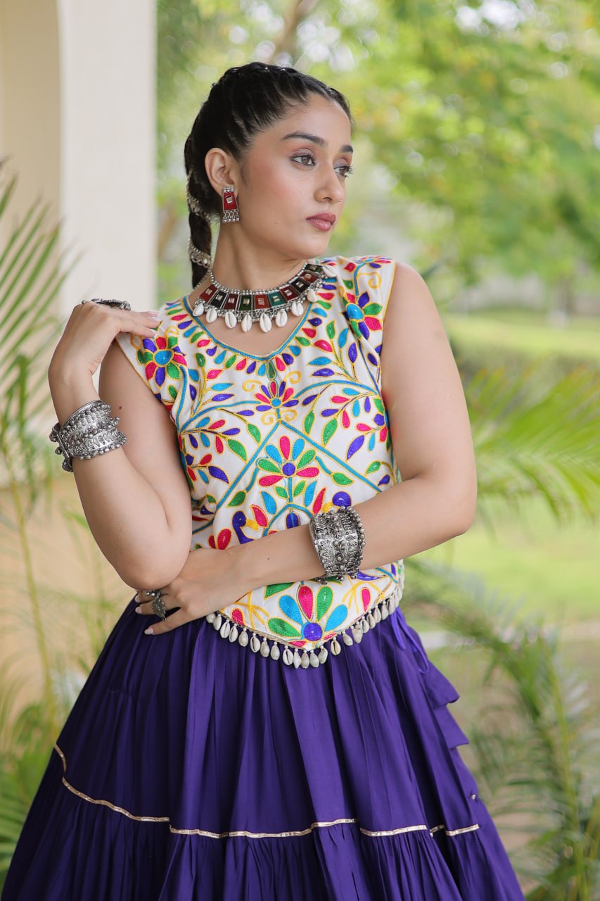 Royal Violet Purple Heavy Rayon Multi-Embroidered Choli with Lampi Lace Frill Tiered Navratri Lehenga Choli Set