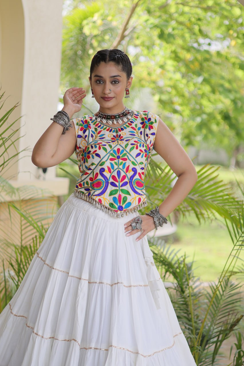 Pristine White Heavy Rayon Multi-Embroidered Choli with Lampi Lace Frill Tiered Navratri Lehenga Choli Set