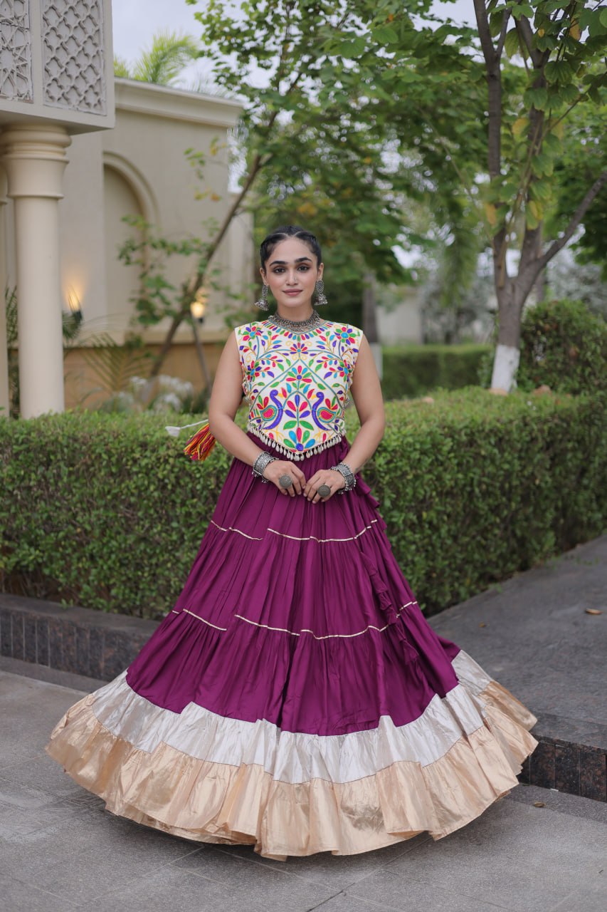 Wine Purple Heavy Rayon Multi-Embroidered Choli with Lampi Lace Frill Tiered Navratri Lehenga Choli Set