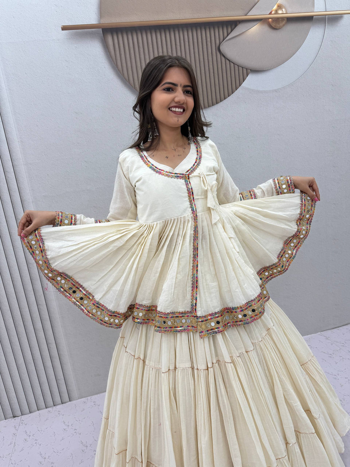 Off-White Pure Cotton Mirror & Gamthi Work Angrakha Kediya Top With Tiered Flared Lehenga Set Navratri Special