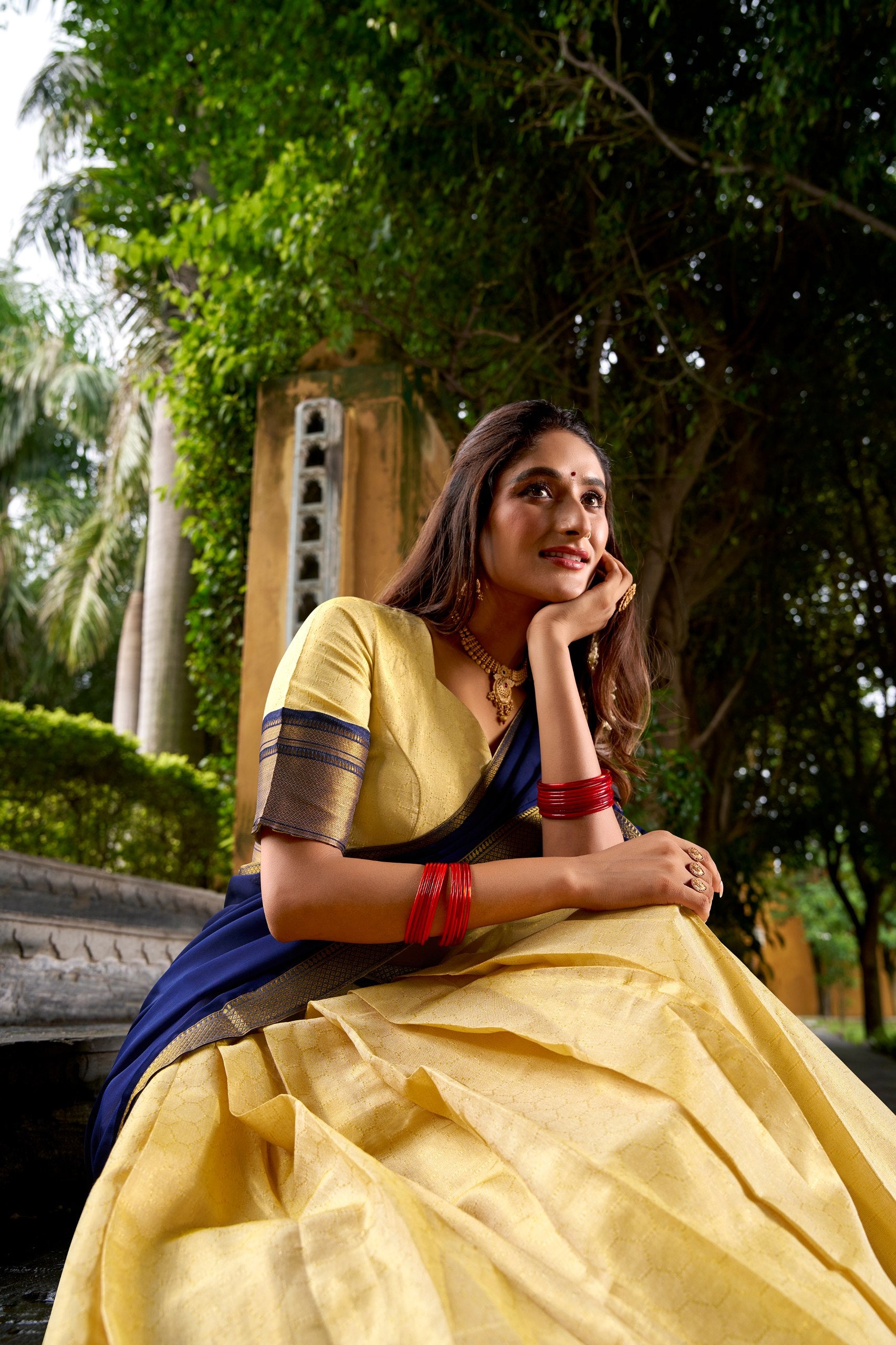 Golden Yellow Kanchipuram Silk Half Saree Lehenga Set with Opulent Royal Blue Zari Weaving Border, Matching Blouse & Draped Voní Dupatta