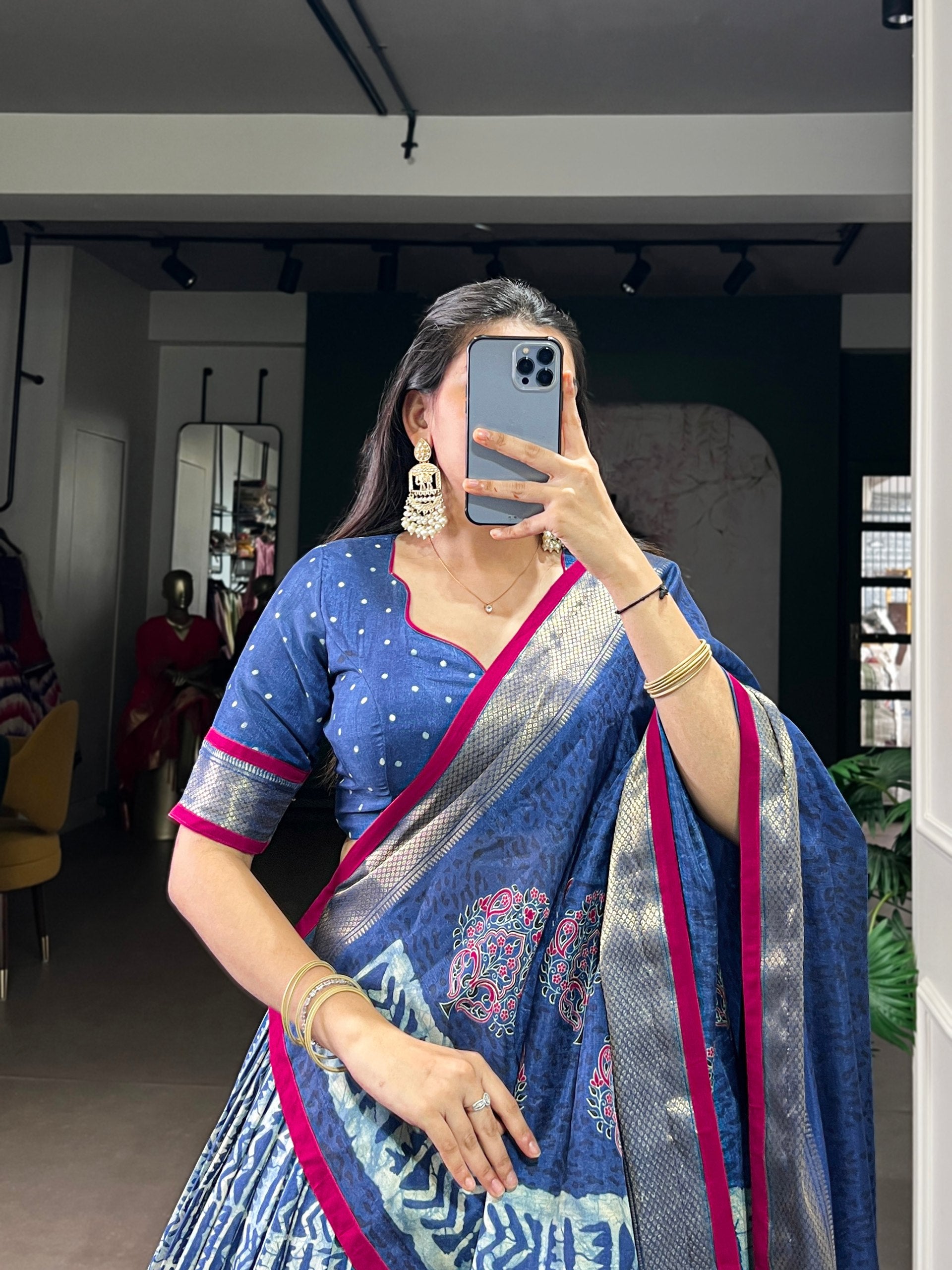 Indigo Royal Blue Dola Silk Flared Lehenga Choli Set with Traditional Batik Print, Rich Zari Weaving Border & Back Cut-Out Blouse