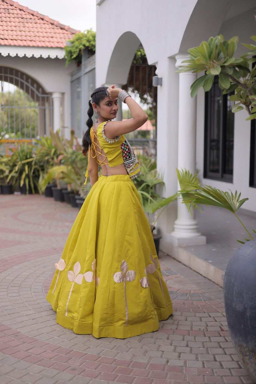 Navratri Pista / Lime Yellow Roman Silk Flared Lehenga Choli Set with Pan-Patti Gota Pattern Work, Back Dori & Embroidered Blouse