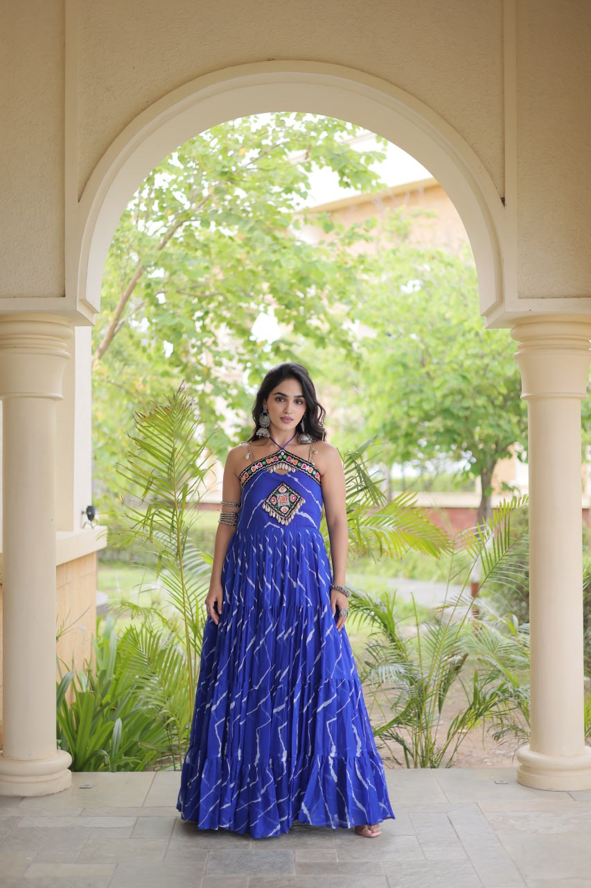 Royal Blue Faux Georgette Leheriya Print Gown with Kutchi Patchwork & Cowrie Shells