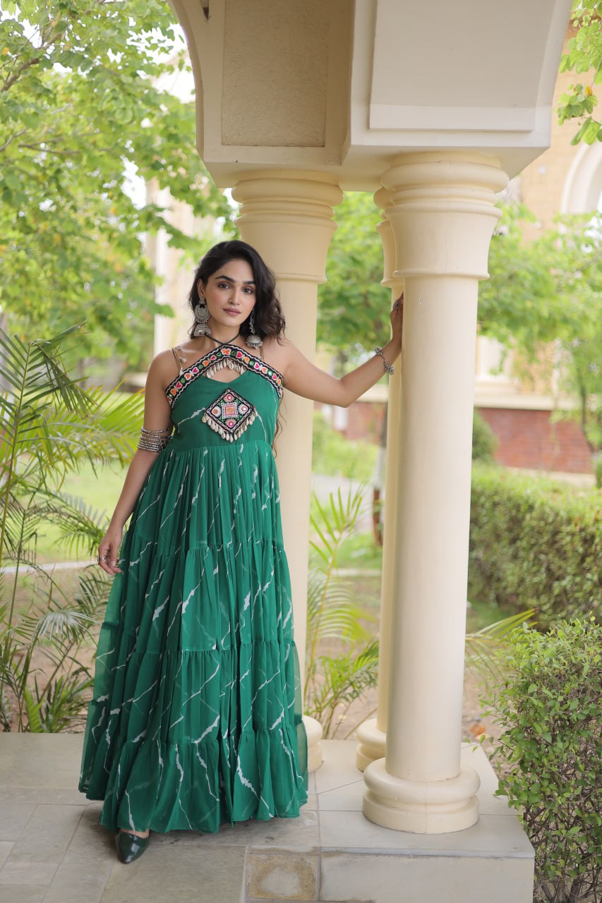 Emerald Green Faux Georgette Leheriya Print Gown with Kutchi Patchwork & Cowrie Shells