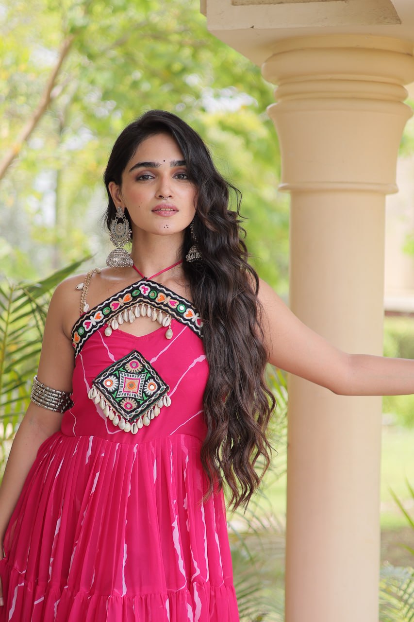 Rani Pink Faux Georgette Leheriya Print Gown with Kutchi Patchwork & Cowrie Shells