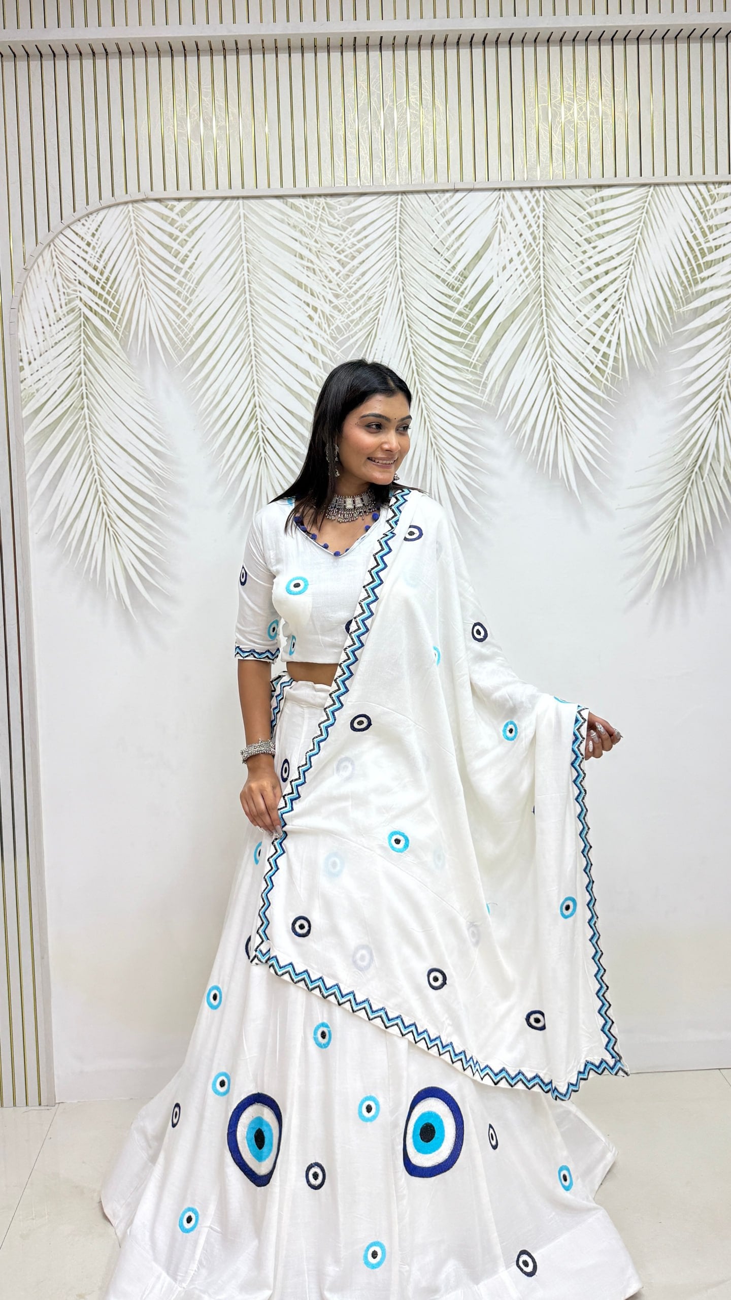 Off-White Pure Cotton Evil Eye Embroidery Heavy Thread Work Lehenga Choli Set