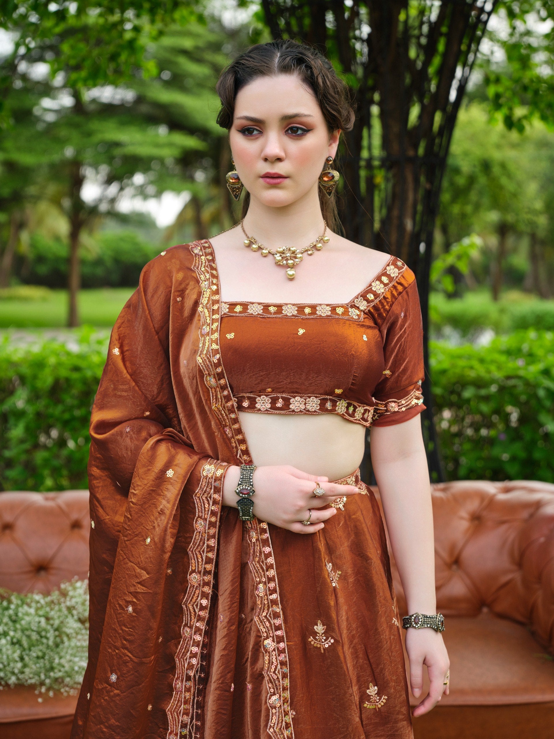 Rust Copper Brown Fandy Silk Flared Lehenga Choli Set with Zari, Sequins & Architectural Jharokha Embroidery, Designer Blouse & Embroidered Dupatta