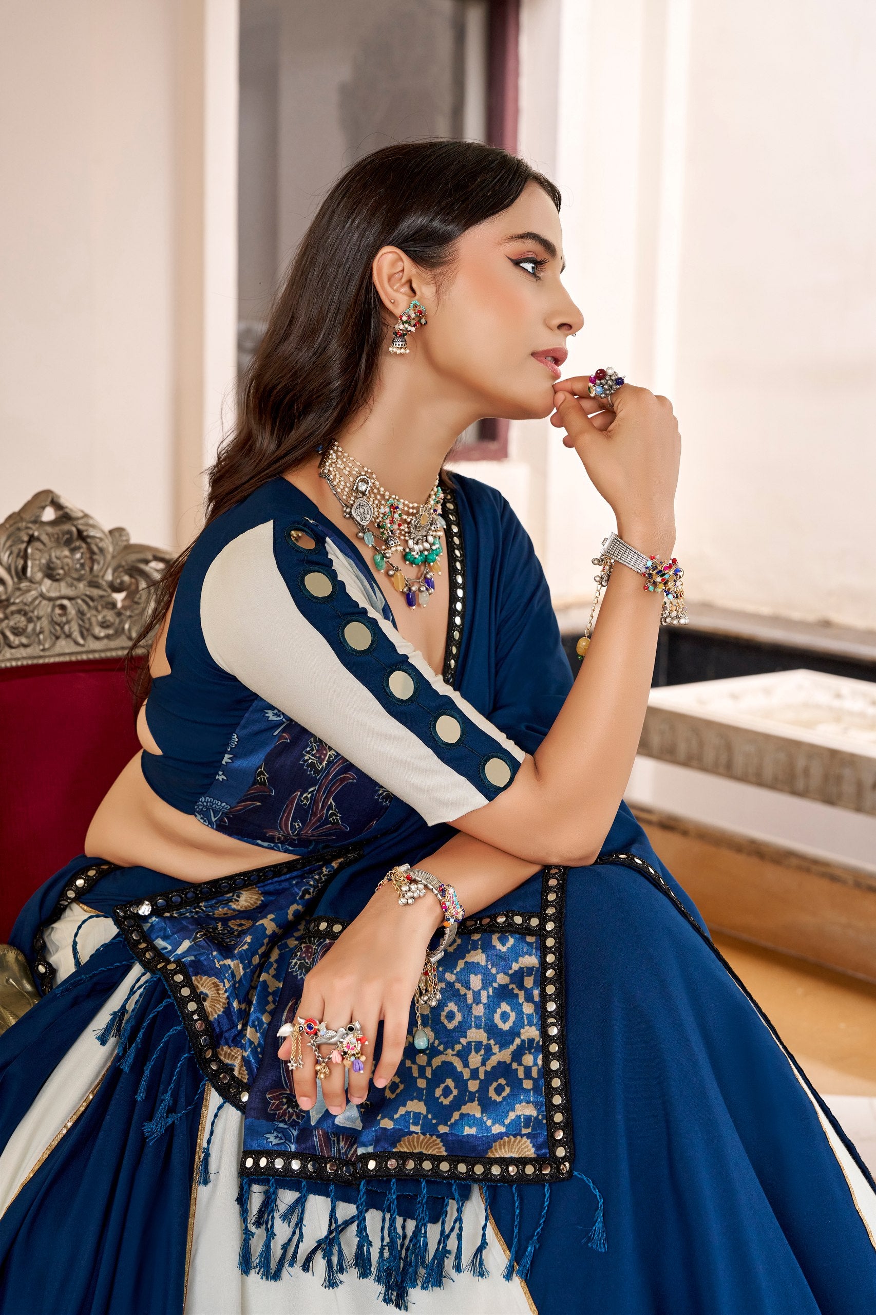 Navratri Off-White & Indigo Blue Pure Rayon Flared Kalidar Lehenga Choli Set with Traditional Printed Border, Mirror & Gota Patti Lace Work