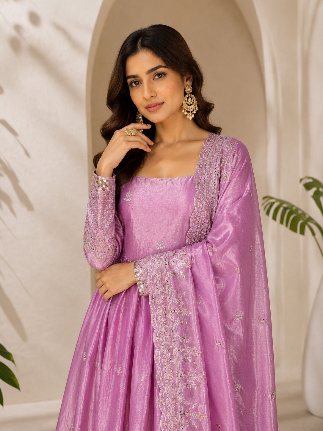 Lavender Lilac Premium Fandy Satin Flared Anarkali Gown with Zari, Sequins & Floral Motif Embroidery, Full Sleeves & Scalloped Dupatta Set