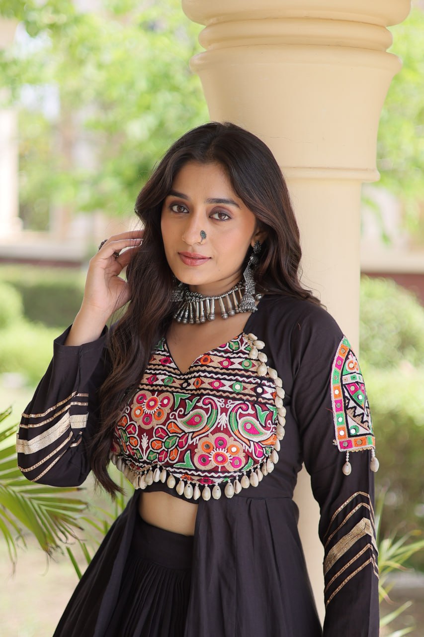Navratri Black Kora Cotton Flared Lehenga Set with Front-Slit Long Shrug/Koti, Gamthi Embroidery & Gota Patti Lace Work