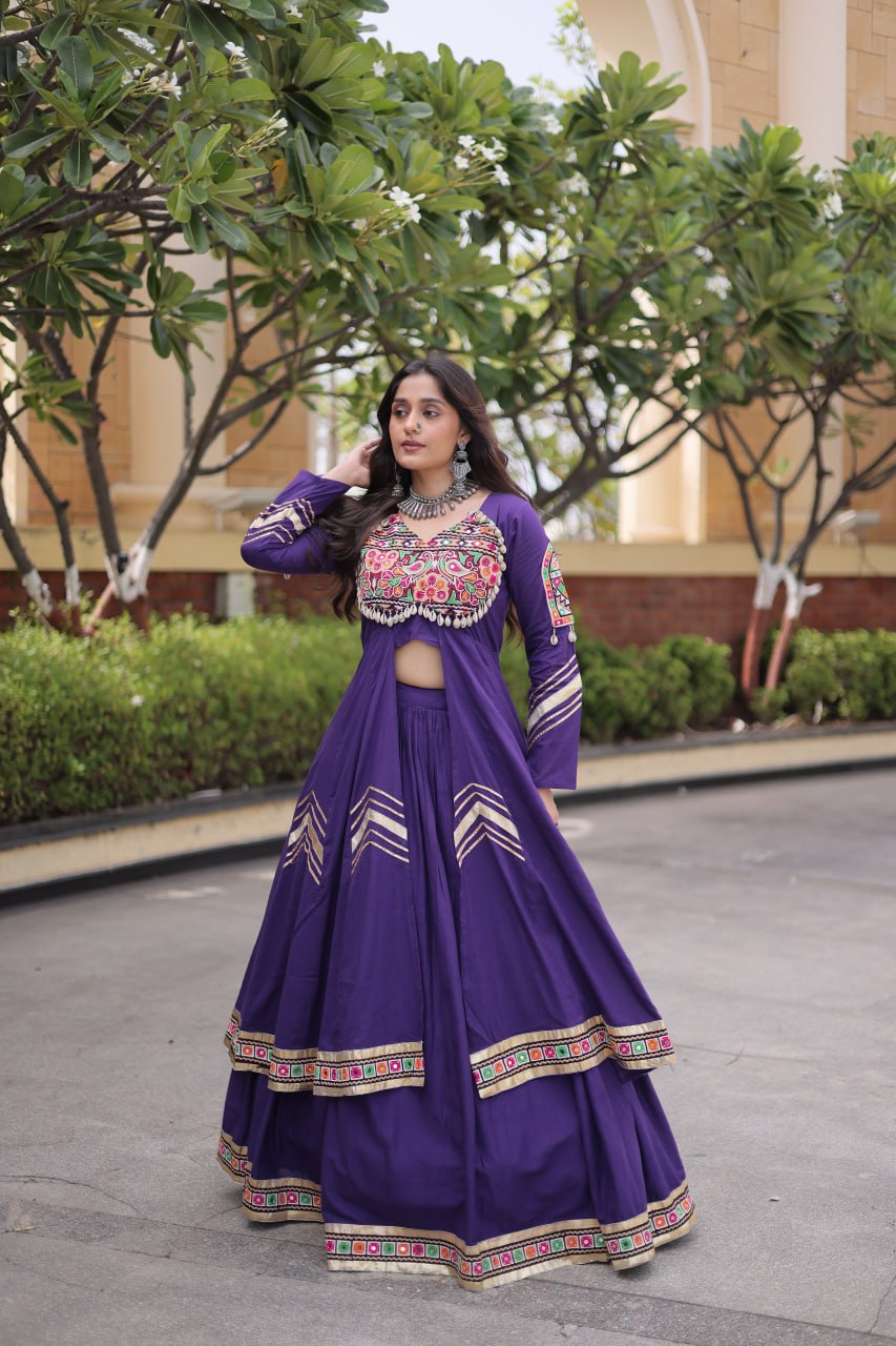 Navratri Purple Kora Cotton Flared Lehenga Set with Front-Slit Long Shrug/Koti, Gamthi Embroidery & Gota Patti Lace Work