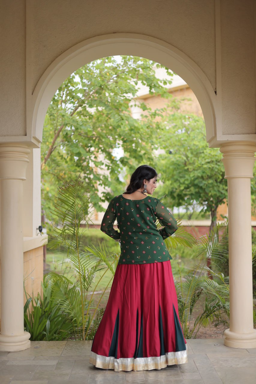 Navratri Rani Pink & Bottle Green 14kg Rayon Kali Flared Lehenga Choli Set with Green Printed Top & 2 Ton Lampi Lace