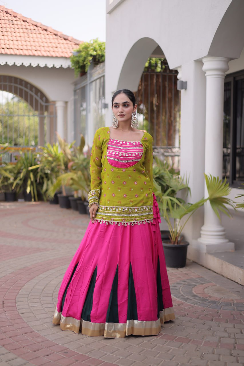 Navratri Rani Pink & Bottle Green 14kg Rayon Kali Flared Lehenga Choli Set with Lime Green Printed Top & 2 Ton Lampi Lace