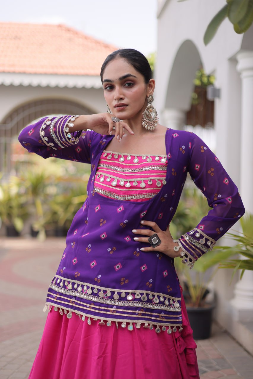 Navratri Rani Pink & Bottle Green 14kg Rayon Kali Flared Lehenga Choli Set with Purple Printed Top & 2 Ton Lampi Lace