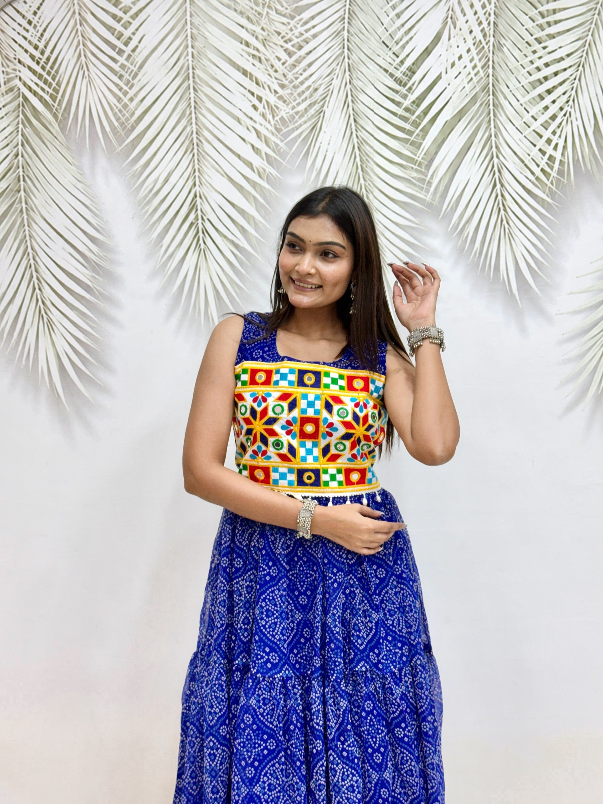 Royal Blue Pure Georgette Bandhej Print Navratri Special Tiered Gown With Gamthi Work