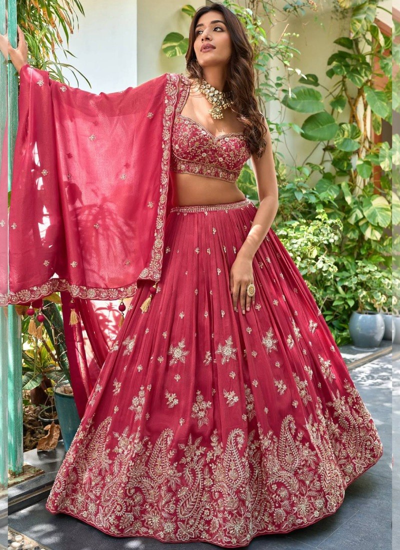 Dusty Rose Pink Chinon Silk Flared Lehenga Choli Set with Elegant Zari, Dori & Sequins Paisley Embroidery, Sweetheart Corset-Style Blouse & Embroidered Dupatta