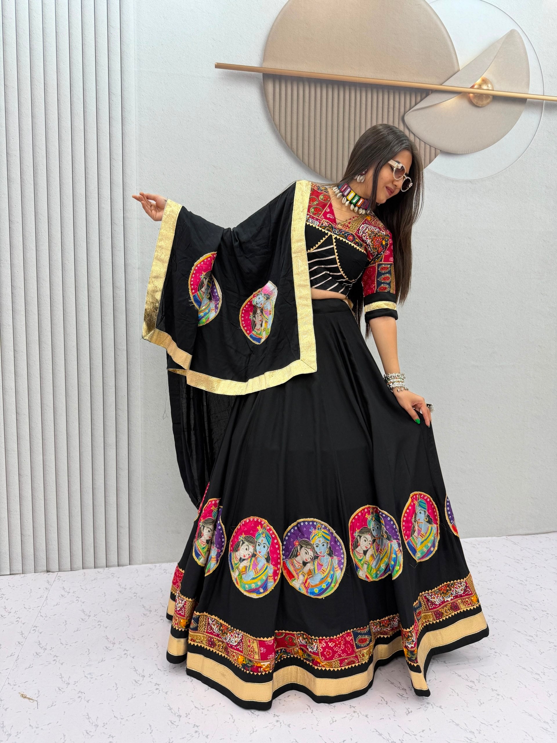 Jet Black Navratri Special Pure Cotton Flared Chaniya Choli Set with 6-Meter Big Flair, Radha Krishna Patchwork & Print, Chevron Lace Blouse & Gold Border Dupatta