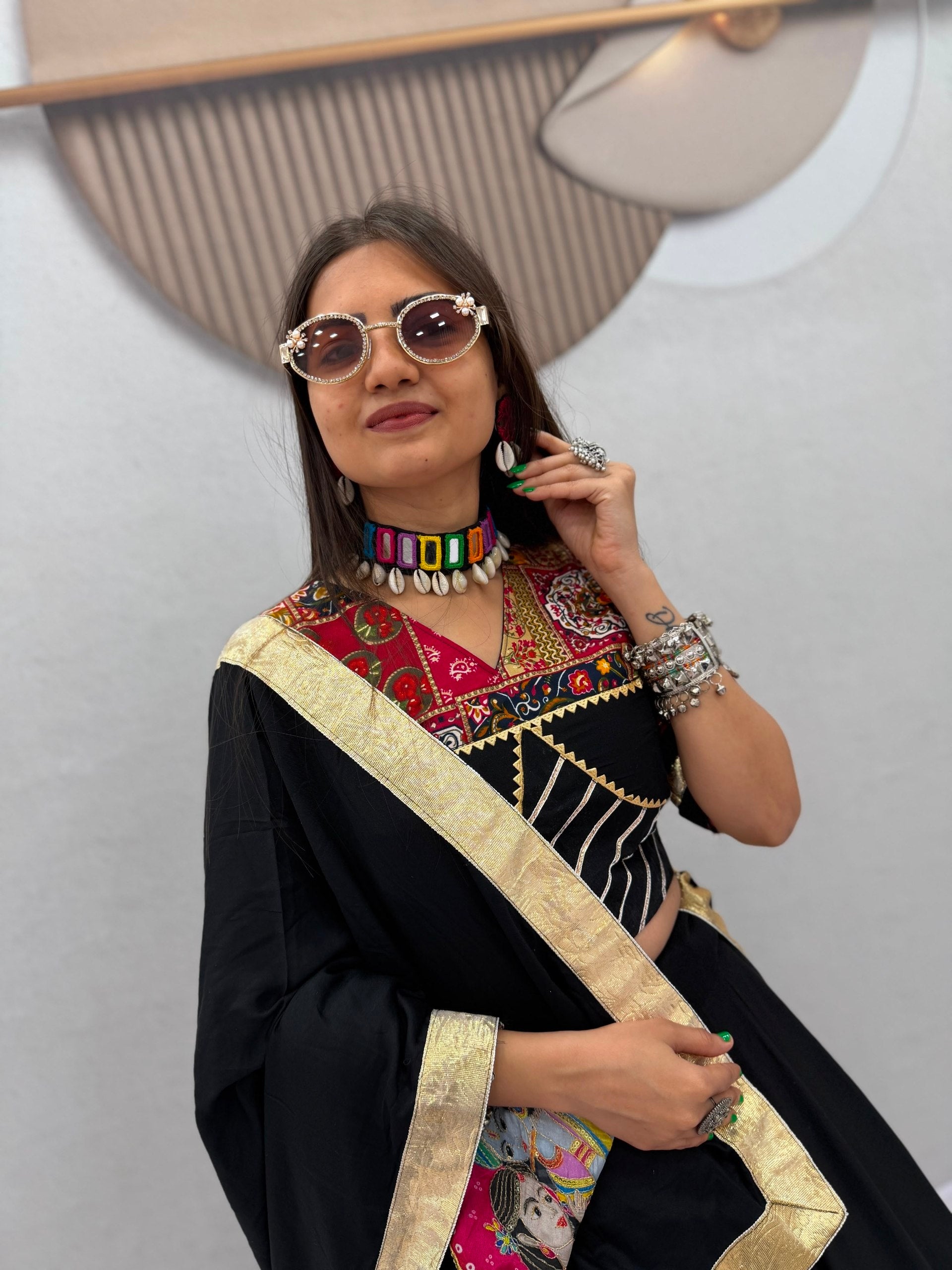 Navratri Special Jet Black Pure Cotton 6-Meter Flared Lehenga Choli Set with Radha Krishna Patchwork, Gota Patti, Gamthi Blouse & Dupatta