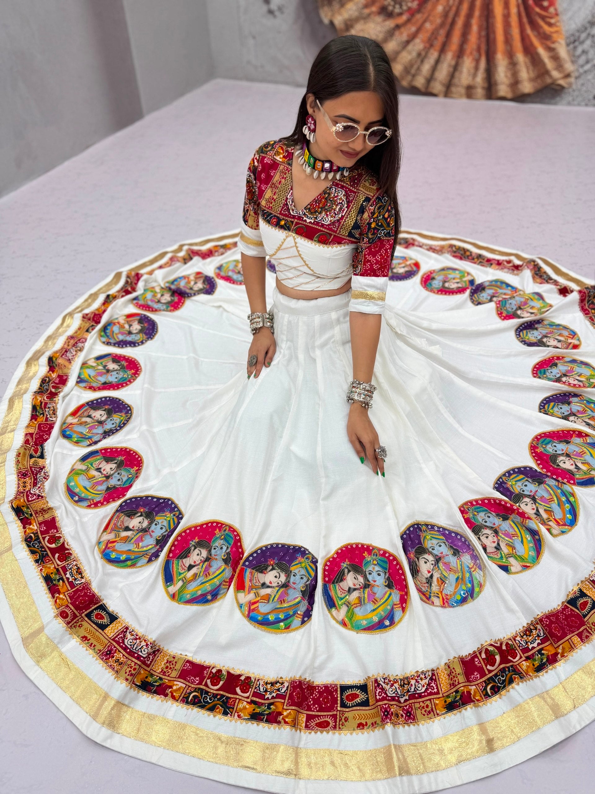 Off-White Navratri Special Pure Cotton Flared Chaniya Choli Set with 6-Meter Big Flair, Radha Krishna Print, Chevron Gota Blouse & Kalamkari Gamthi Border