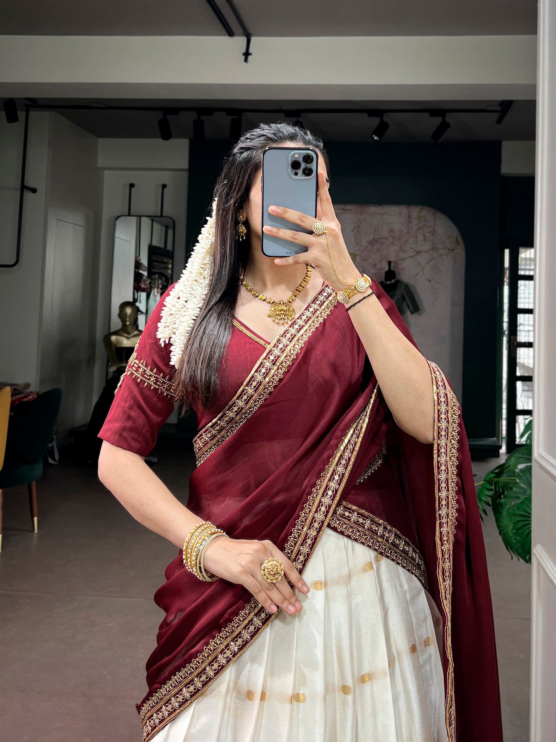 Off-White Silk Cotton Flared Lehenga Choli Set with Woven Gold Zari Border, Booti Work & Maroon Draped Dupatta