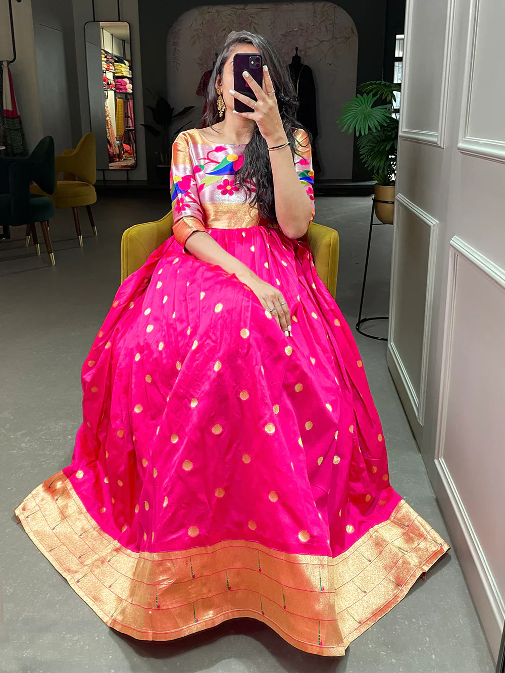 Pink Color Weaving Zari Work Jacquard Silk Paithani Gown