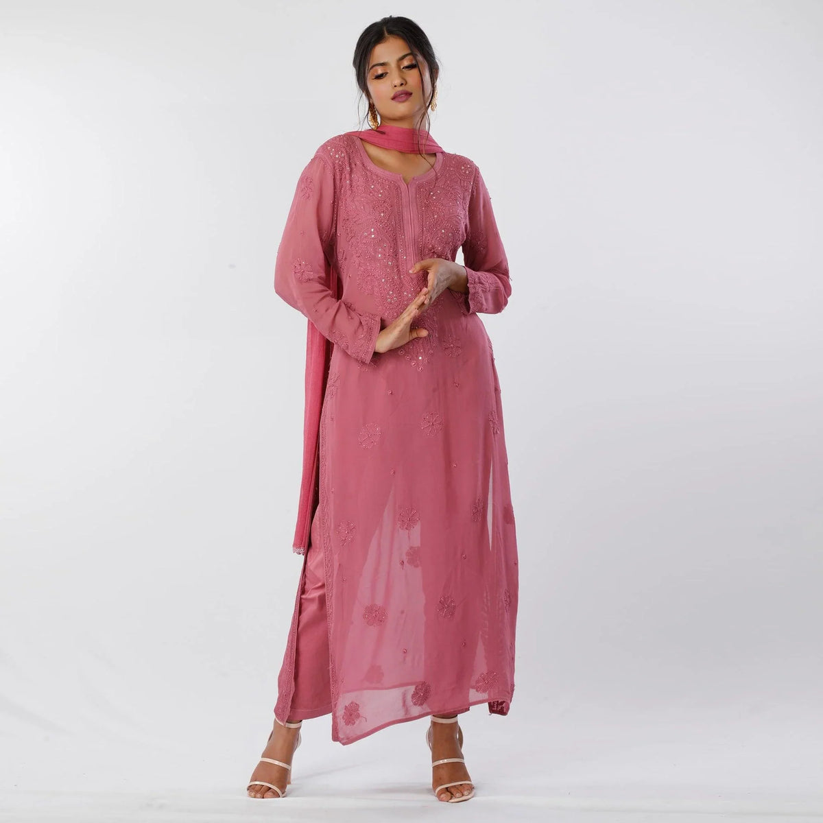 Pink Floral Lucknowi Embroidered & Mukaish Work Pure Georgette Kurti Pant Set With Dupatta