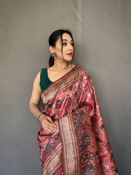Pink Diva Soft Silk Saree With Kalamkari Fusion Print