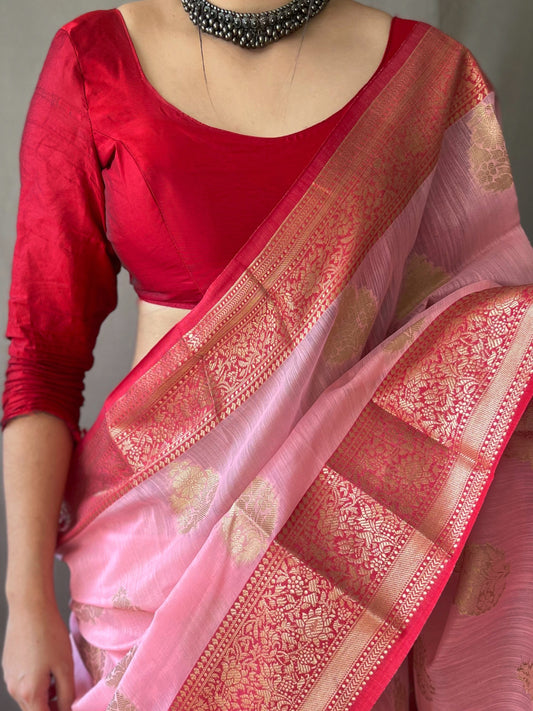 Pink Soft Linen Weaving Sarees With Contrast Weaving Border And Pallu. Paired With Contrast Unstitched Blouse