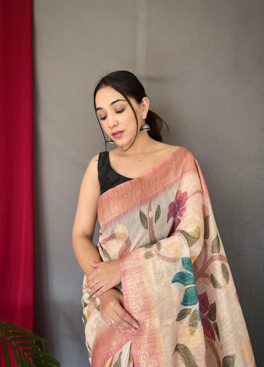 Pink Chanderi Silk With Digital Printed Silk Saree