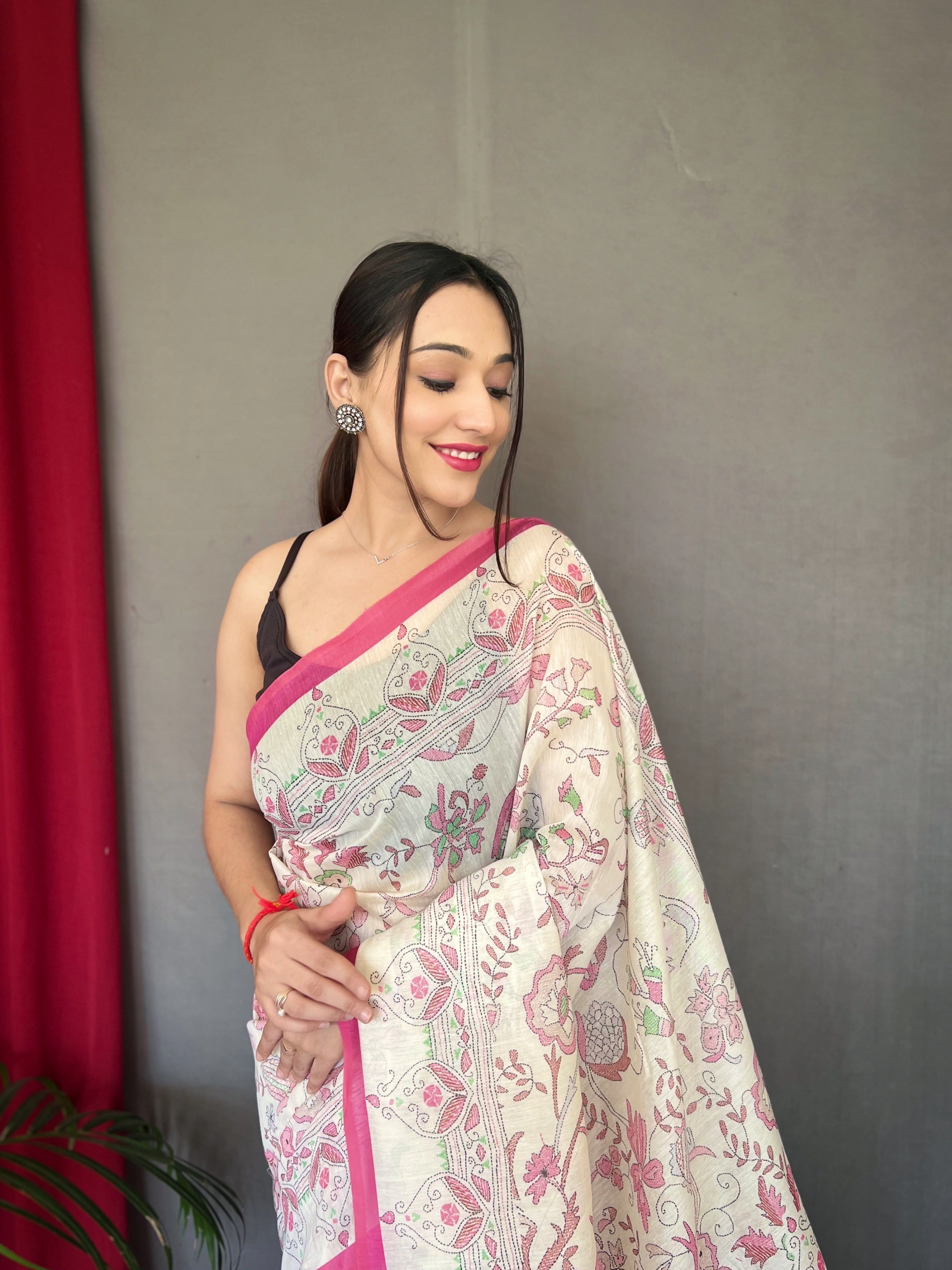 Pink Designer Malai Silk And Katha Printed Zari Weaving Border Saree