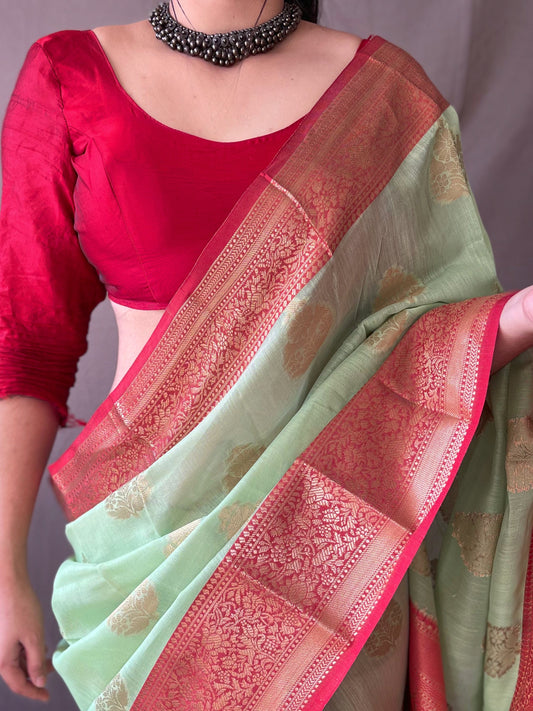 Pista Soft Linen Weaving Sarees With Contrast Weaving Border And Pallu. Paired With Contrast Unstitched Blouse