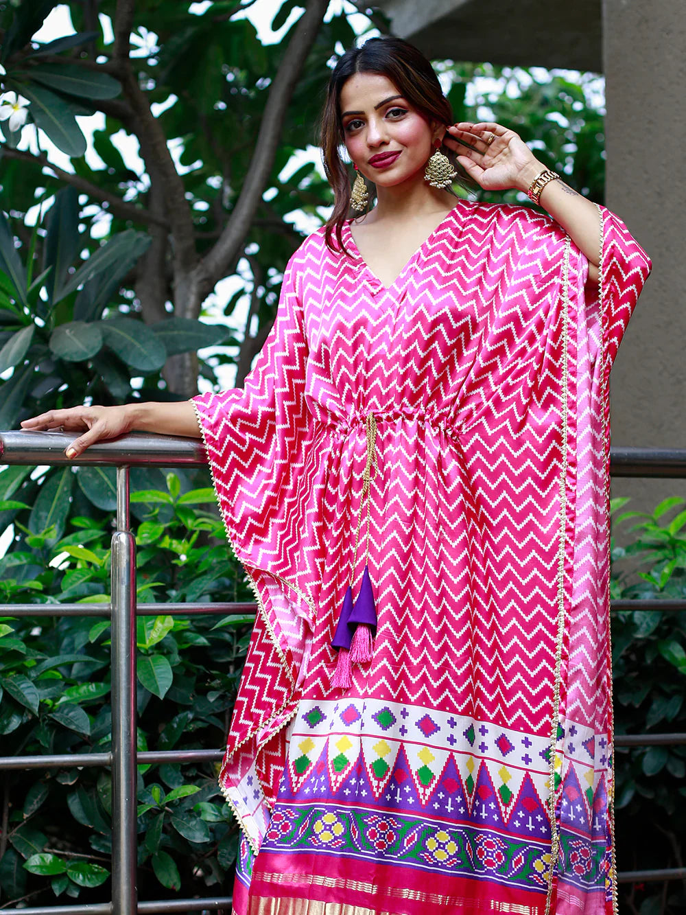 Pink & White Color Digital Print Pure Gaji Silk Kaftan