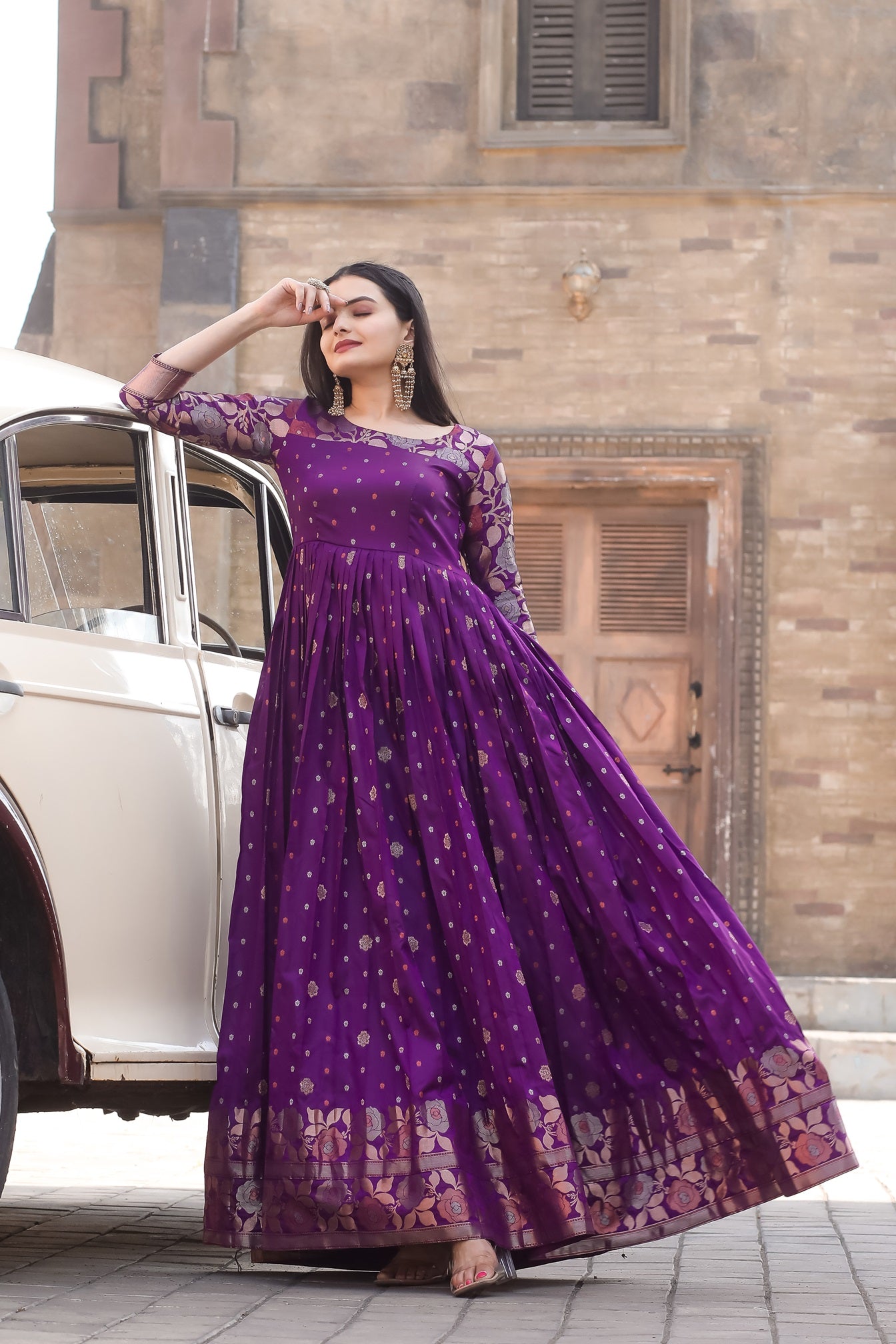 Purple Color Floral Printed Round Neck Maxi Dress The Beauty Queen Purple Color Floral Printed Round Neck Maxi Dress The Beauty Queen